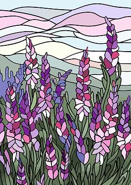 Stained Glass Lavender Field Landscape