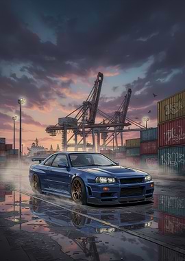 Blue Nissan Skyline GT-R R34 at Port