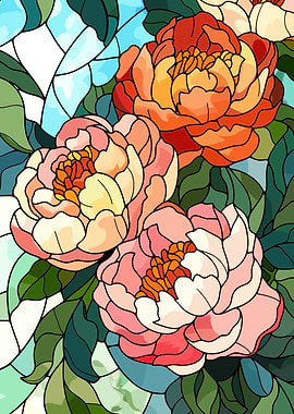 Stained Glass Peony Floral Art