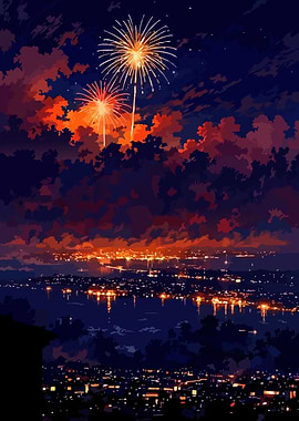 Fireworks over a city at night