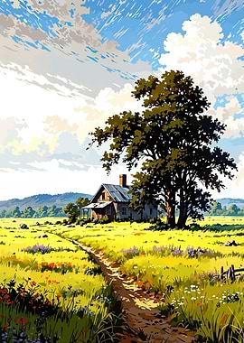 Idyllic Countryside Farmhouse Scene