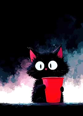 Cute Black Cat Holding a Red Cup