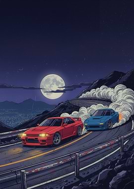Night Drifting Cars on Mountain Road