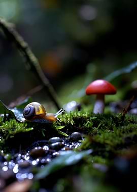 Snail on mossy ground with mushroom