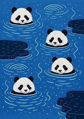 Pandas Swimming in Blue Water