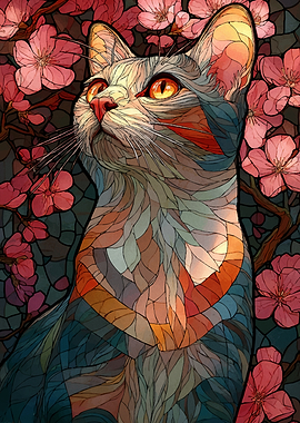 Stained Glass Cat with Cherry Blossoms