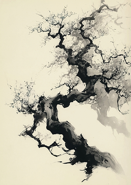 Ink Wash Painting of a Gnarled Tree