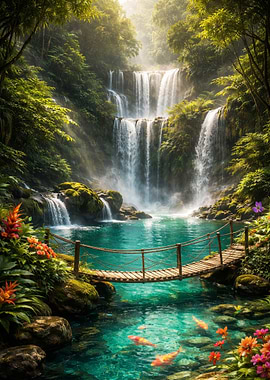 Tranquil Waterfall with Koi Pond and Bridge