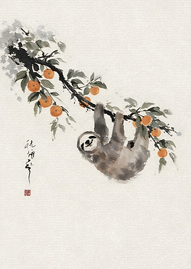 Sloth Hanging on Orange Tree Branch