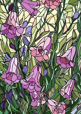 Stained Glass Bluebells and Greenery
