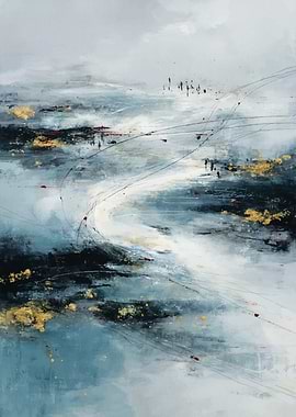 Abstract Landscape with Gold and Red Accents