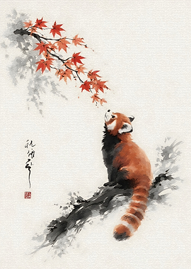 Red Panda and Maple Leaves
