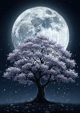 Cherry Blossom Tree Under Full Moon