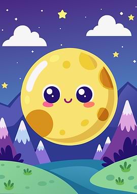 Cute Moon Character in a Night Landscape