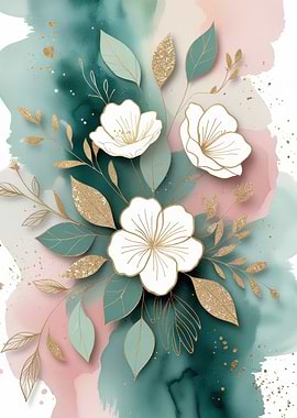 White Flowers with Gold Accents on Watercolor Background
