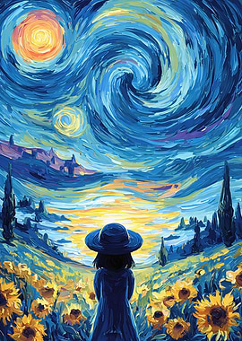 Girl in Sunflower Field Under Starry Sky