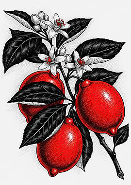 Red Lemons with Flowers and Leaves