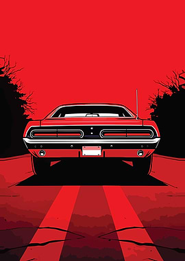 Red Muscle Car on a Dark Road