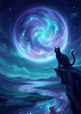 Black Cat Gazing at Cosmic Moon