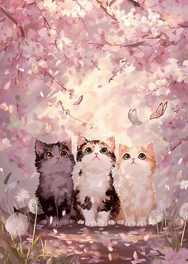 Three Kittens Under Cherry Blossoms