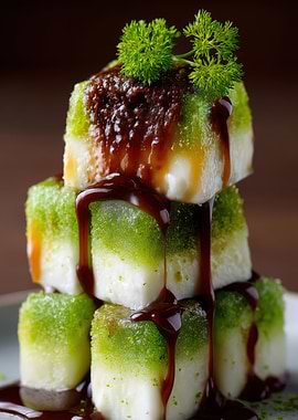 Green mochi dessert with chocolate sauce