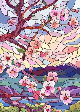 Stained Glass Cherry Blossoms Landscape