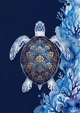 Ornate Sea Turtle with Coral