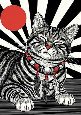 Tribal Cat with Red Sun