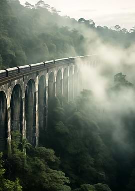 Train on a misty viaduct in a forest