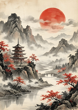 Pagoda in Misty Mountains with Red Sun