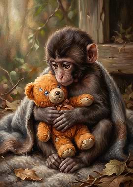 Sad Monkey Hugging Teddy Bear