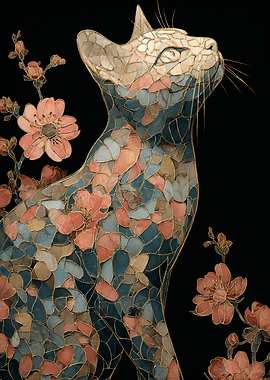 Mosaic Cat with Flowers