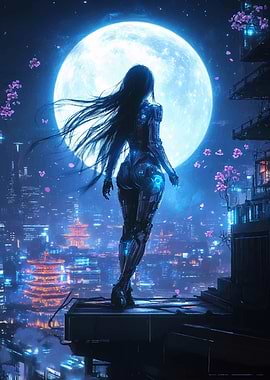 Cyberpunk Woman Under a Giant Moon
