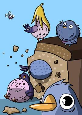 Pigeons and a Fly on a Giant Crumb