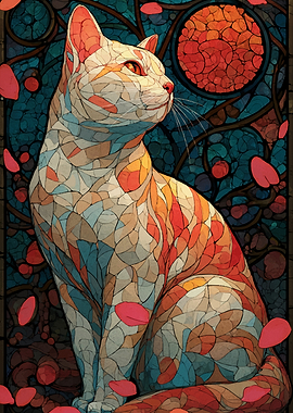 Stained Glass Cat with Moon