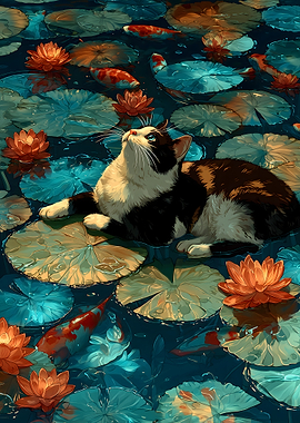 Cat on Lily Pads with Koi Fish