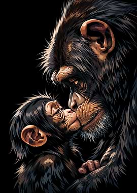 Chimpanzee Mother and Baby Kissing
