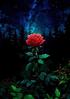 Red Rose Under a Starry Night Sky