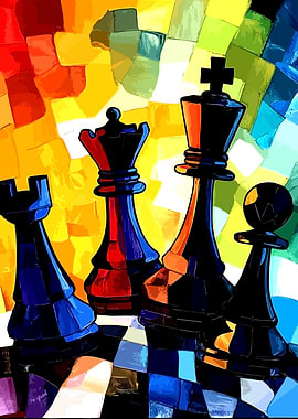 Abstract Chess Pieces on Colorful Board