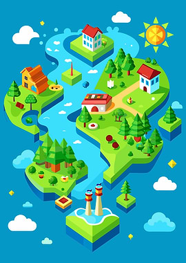 Isometric Island Village with River