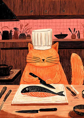 Chef Cat Preparing Fish