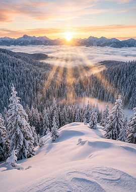 Winter Sunrise Over Snowy Mountains
