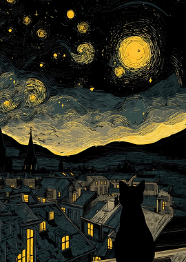 Cat overlooking Van Gogh-inspired cityscape