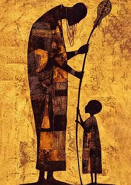 African Mother and Child with Staff