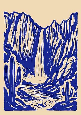 Desert Waterfall Landscape with Cacti