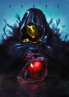 Golden Skull Grim Reaper Holding Red Orb