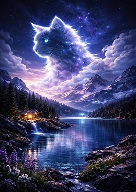 Cosmic Cat Over Mountain Lake