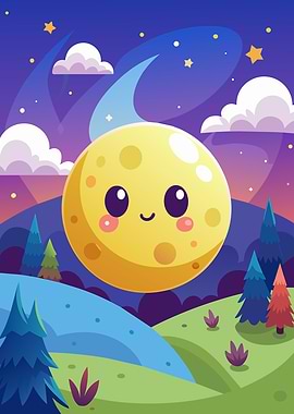 Cute Moon Character in a Night Landscape