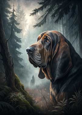 Bloodhound in a Misty Forest