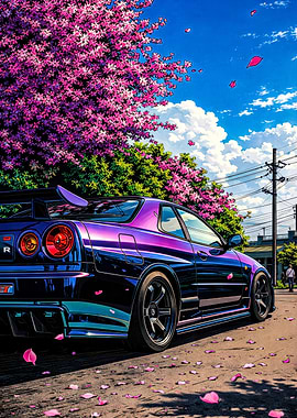 Purple Nissan Skyline R34 with Cherry Blossoms